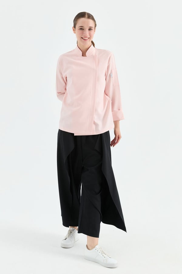 1923 Gizli Pat Şef Ceketi Pembe - Keten Dokulu Esnek Mutfak Kıyafeti - MyChef Uniforms