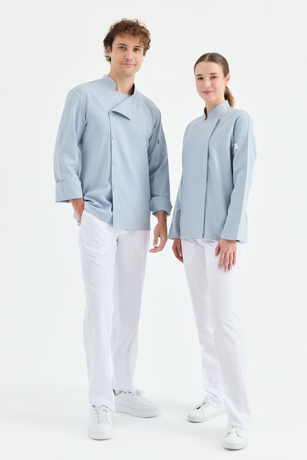 1923 Gizli Pat Kadın Şef Ceketi Mavi - Keten Dokulu Esnek Mutfak Kıyafeti - MyChef Uniforms