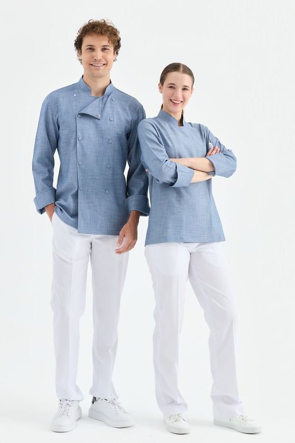1923 Gizli Pat Şef Ceketi Lacivert - Keten Dokulu Esnek Mutfak Kıyafeti - MyChef Uniforms