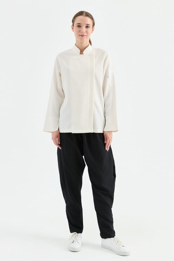 1923 Gizli Pat Kadın Şef Ceketi Krem - Keten Dokulu Esnek Mutfak Kıyafeti - MyChef Uniforms