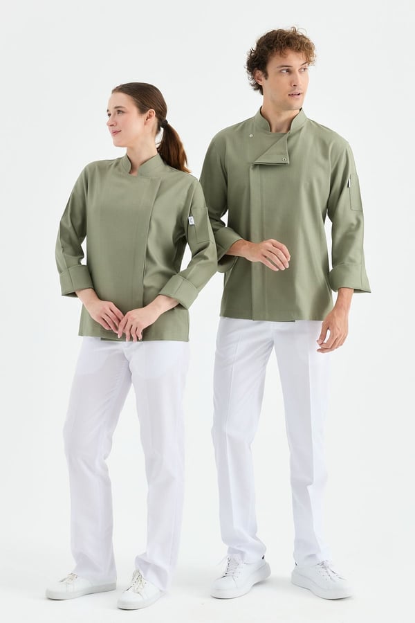 1923 Gizli Pat Kadın Şef Ceketi Haki - Keten Dokulu Esnek Mutfak Kıyafeti - MyChef Uniforms