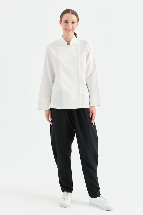1923 Gizli Pat Kadın Şef Ceketi Beyaz - Keten Dokulu Esnek Mutfak Kıyafeti - MyChef Uniforms