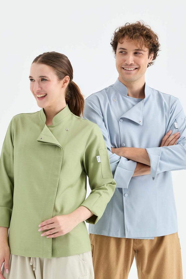 1923 Gizli Pat Kadın Şef Ceketi Yeşil - Keten Dokulu Esnek Mutfak Kıyafeti - MyChef Uniforms