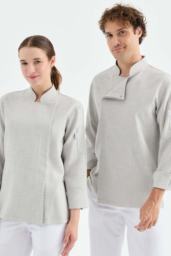 1923 Gizli Pat Kadın Şef Ceketi Gri - Keten Dokulu Esnek Mutfak Kıyafeti - MyChef Uniforms