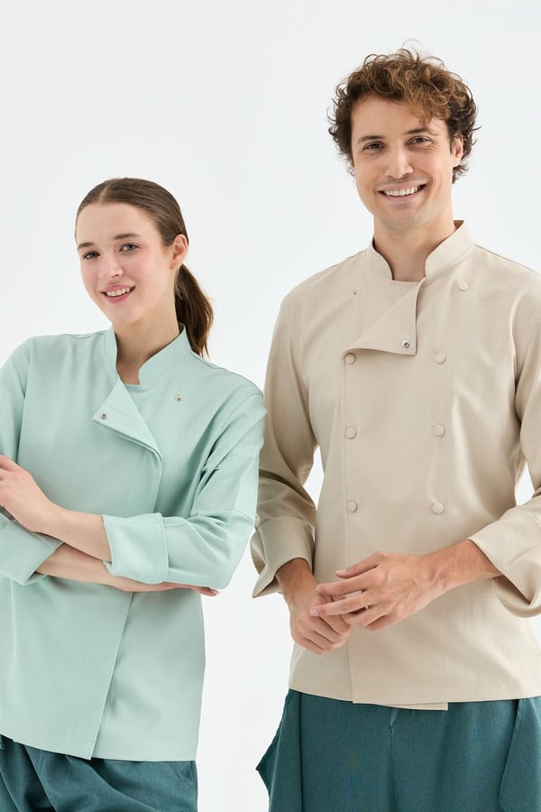 1923 Gizli Pat Kadın Şef Ceketi Turkuaz - Keten Dokulu Esnek Mutfak Kıyafeti - MyChef Uniforms
