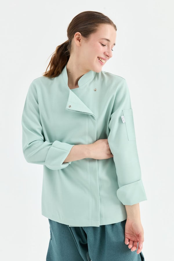 1923 Gizli Pat Kadın Şef Ceketi Turkuaz - Keten Dokulu Esnek Mutfak Kıyafeti - MyChef Uniforms