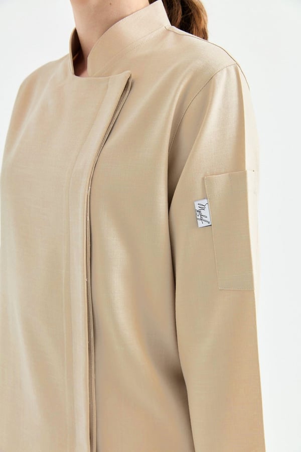 1923 Gizli Pat Şef Ceketi Koyu Bej - Keten Dokulu Esnek Mutfak Kıyafeti - MyChef Uniforms