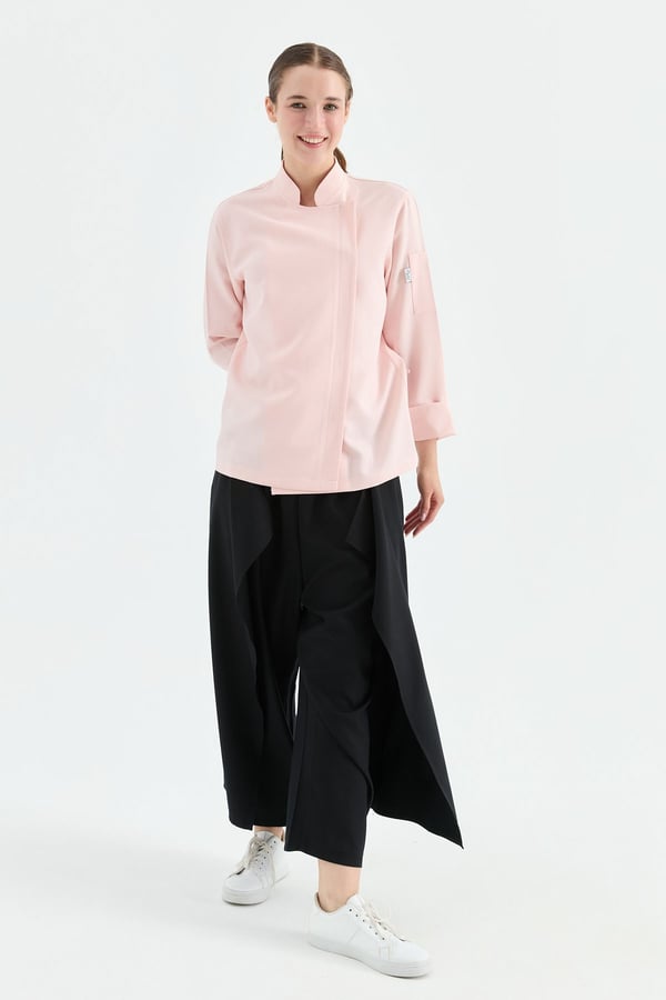 1923 Gizli Pat Şef Ceketi Pembe - Keten Dokulu Esnek Mutfak Kıyafeti - MyChef Uniforms