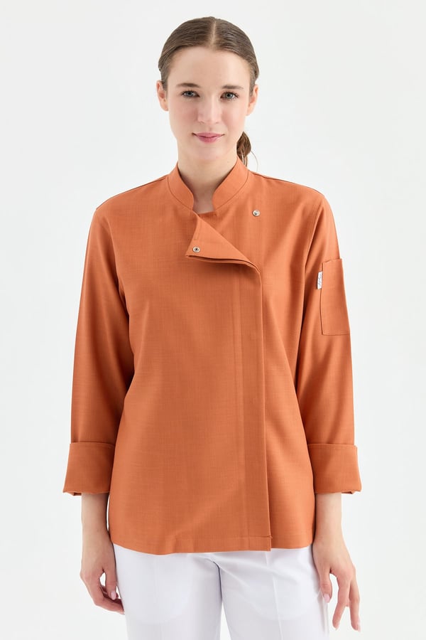 1923 Gizli Pat Şef Ceketi Kiremit - Keten Dokulu Esnek Mutfak Kıyafeti - MyChef Uniforms