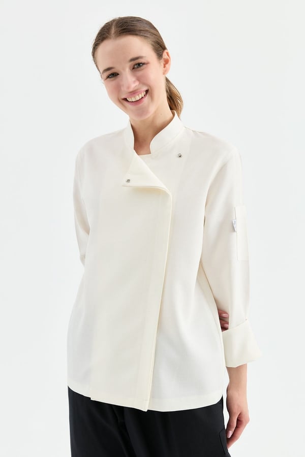 1923 Gizli Pat Kadın Şef Ceketi Krem - Keten Dokulu Esnek Mutfak Kıyafeti - MyChef Uniforms