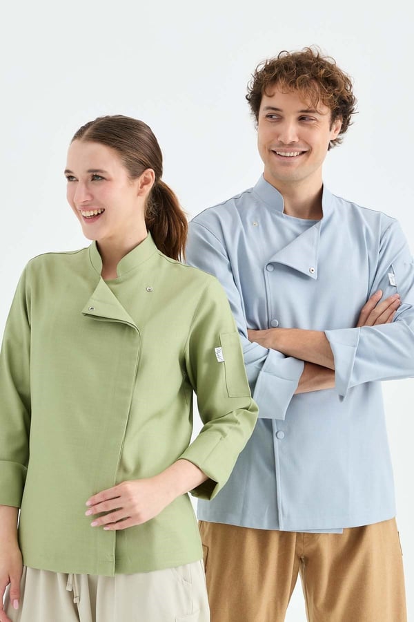1923 Gizli Pat Kadın Şef Ceketi Yeşil - Keten Dokulu Esnek Mutfak Kıyafeti - MyChef Uniforms