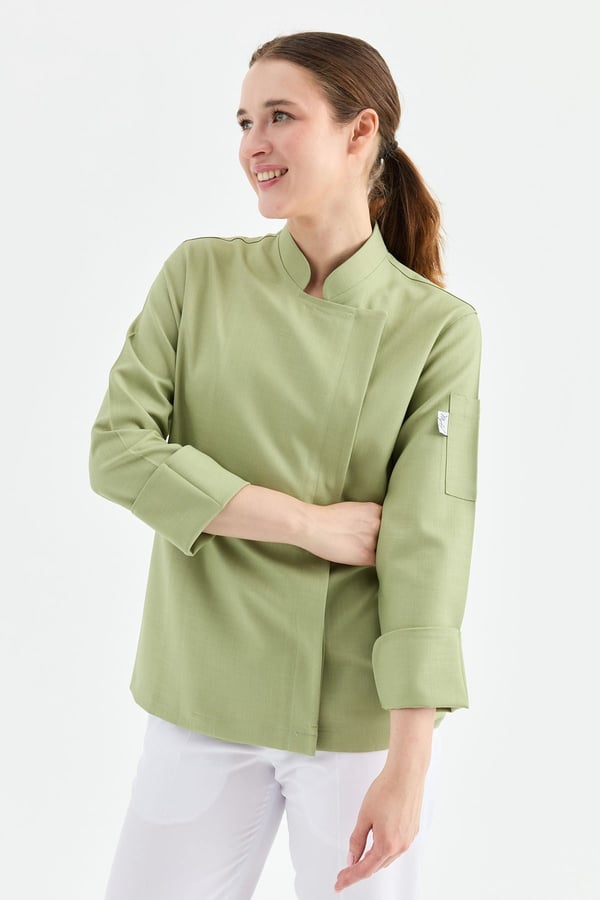 1923 Gizli Pat Kadın Şef Ceketi Yeşil - Keten Dokulu Esnek Mutfak Kıyafeti - MyChef Uniforms