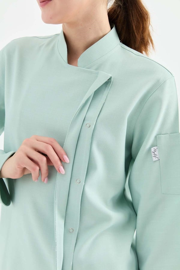 1923 Gizli Pat Kadın Şef Ceketi Turkuaz - Keten Dokulu Esnek Mutfak Kıyafeti - MyChef Uniforms