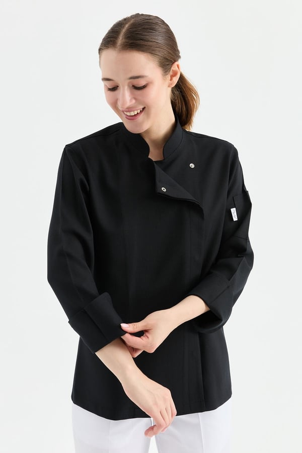 1923 Gizli Pat Kadın Şef Ceketi Siyah - Keten Dokulu Esnek Mutfak Kıyafeti - MyChef Uniforms