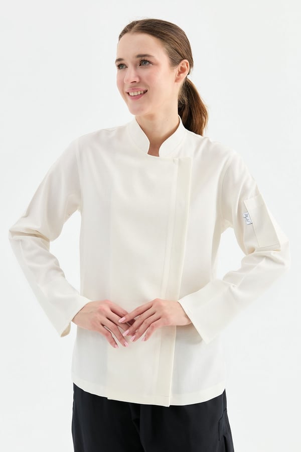 1923 Gizli Pat Kadın Şef Ceketi Krem - Keten Dokulu Esnek Mutfak Kıyafeti - MyChef Uniforms