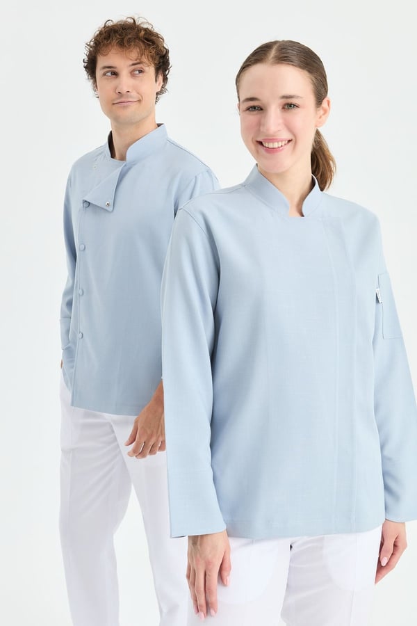 1923 Gizli Pat Kadın Şef Ceketi Mavi - Keten Dokulu Esnek Mutfak Kıyafeti - MyChef Uniforms
