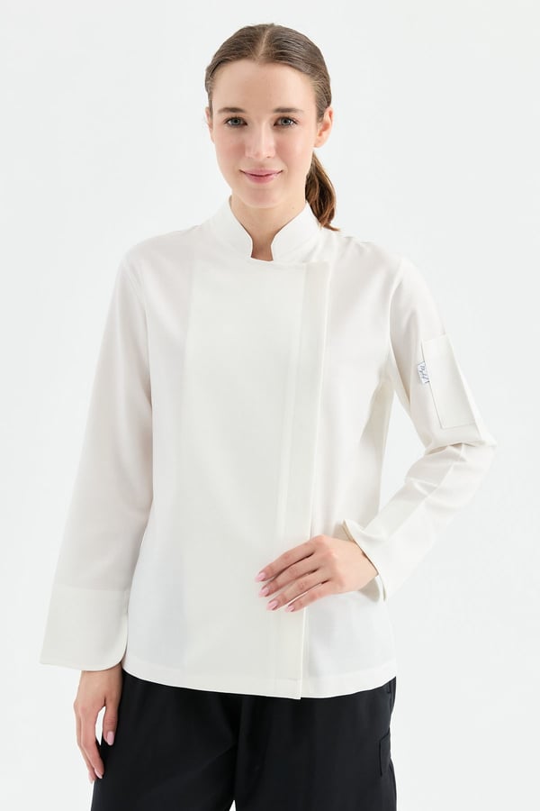 1923 Gizli Pat Kadın Şef Ceketi Beyaz - Keten Dokulu Esnek Mutfak Kıyafeti - MyChef Uniforms