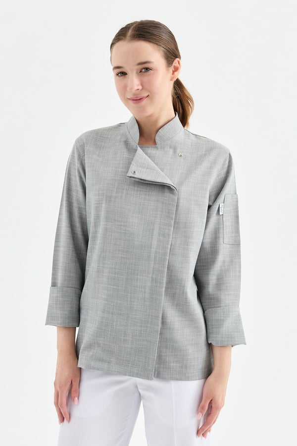 1923 Gizli Pat Kadın Şef Ceketi Koyu Gri - Keten Dokulu Esnek Mutfak Kıyafeti - MyChef Uniforms