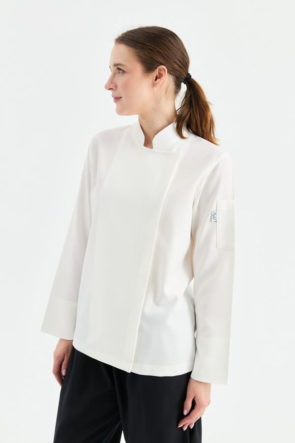 1923 Gizli Pat Kadın Şef Ceketi Beyaz - Keten Dokulu Esnek Mutfak Kıyafeti - MyChef Uniforms