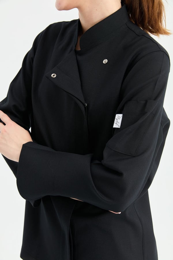 1923 Gizli Pat Kadın Şef Ceketi Siyah - Keten Dokulu Esnek Mutfak Kıyafeti - MyChef Uniforms