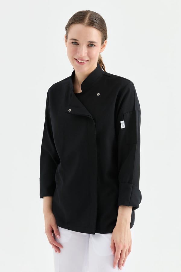 1923 Gizli Pat Kadın Şef Ceketi Siyah - Keten Dokulu Esnek Mutfak Kıyafeti - MyChef Uniforms