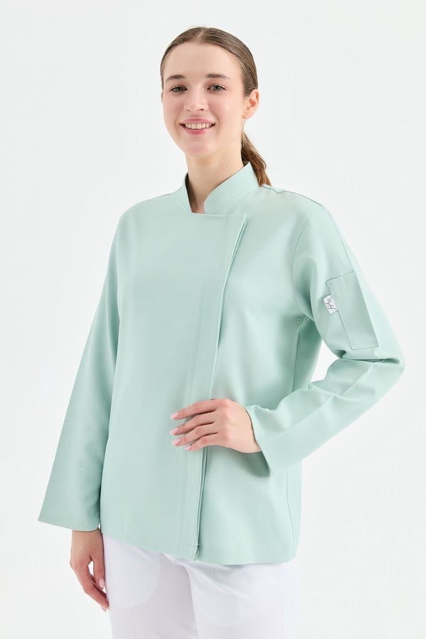 1923 Gizli Pat Kadın Şef Ceketi Turkuaz - Keten Dokulu Esnek Mutfak Kıyafeti - MyChef Uniforms