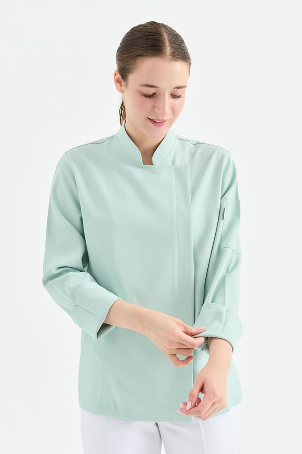 1923 Gizli Pat Kadın Şef Ceketi Turkuaz - Keten Dokulu Esnek Mutfak Kıyafeti - MyChef Uniforms