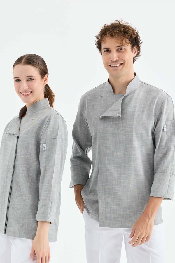 1923 Gizli Pat Kadın Şef Ceketi Koyu Gri - Keten Dokulu Esnek Mutfak Kıyafeti - MyChef Uniforms