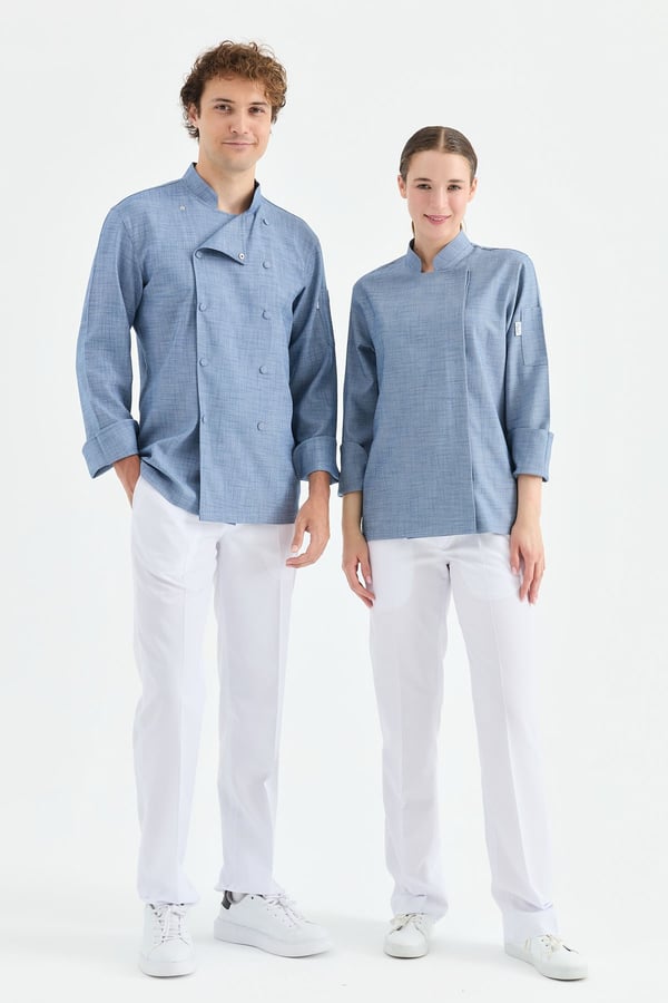 1923 Gizli Pat Şef Ceketi Lacivert - Keten Dokulu Esnek Mutfak Kıyafeti - MyChef Uniforms