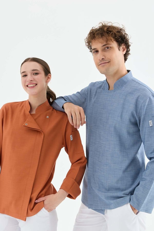 1923 Gizli Pat Şef Ceketi Kiremit - Keten Dokulu Esnek Mutfak Kıyafeti - MyChef Uniforms