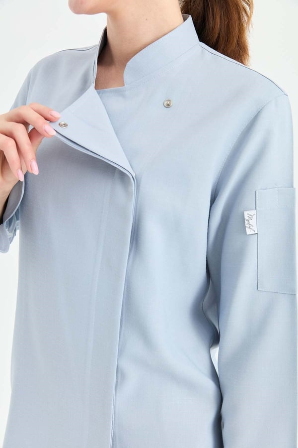 1923 Gizli Pat Kadın Şef Ceketi Mavi - Keten Dokulu Esnek Mutfak Kıyafeti - MyChef Uniforms