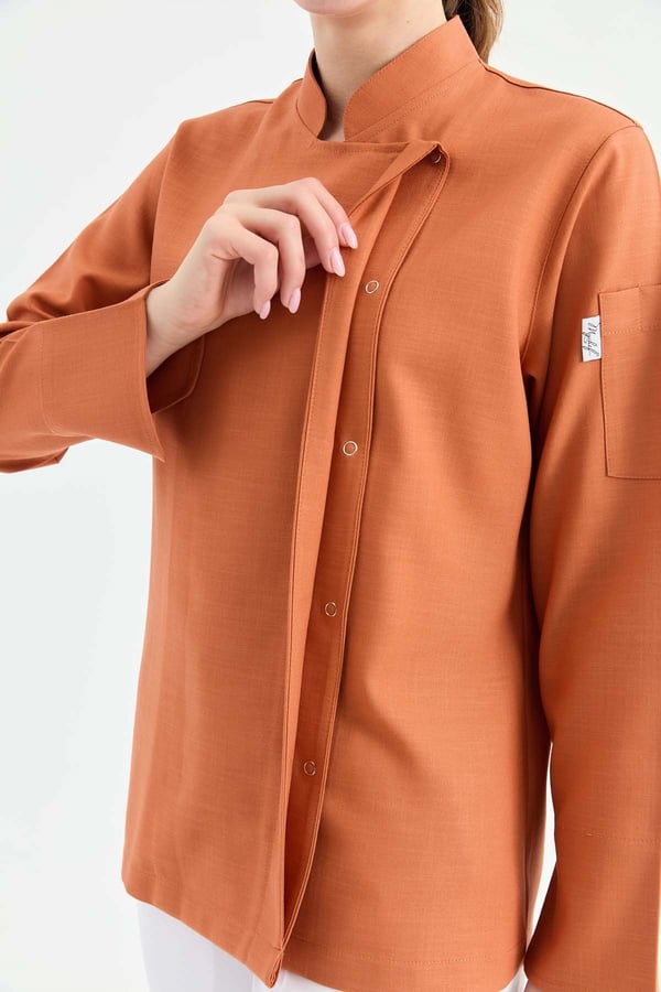 1923 Gizli Pat Şef Ceketi Kiremit - Keten Dokulu Esnek Mutfak Kıyafeti - MyChef Uniforms