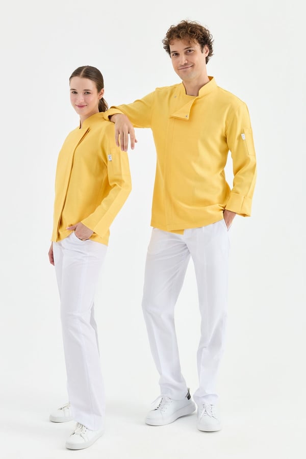 1923 Gizli Pat Kadın Şef Ceketi Sarı - Keten Dokulu Esnek Mutfak Kıyafeti - MyChef Uniforms