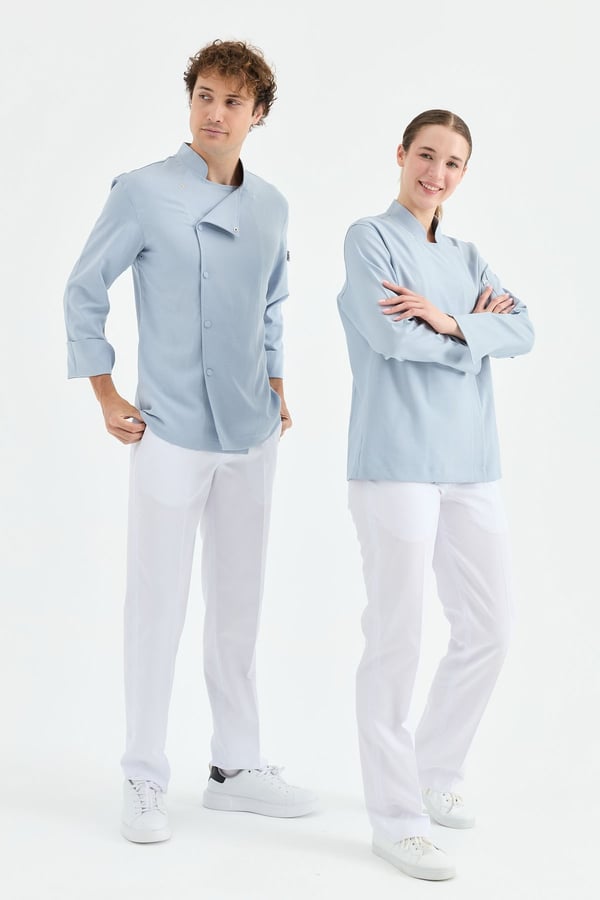 1923 Gizli Pat Kadın Şef Ceketi Mavi - Keten Dokulu Esnek Mutfak Kıyafeti - MyChef Uniforms