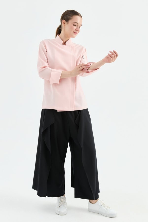 1923 Gizli Pat Şef Ceketi Pembe - Keten Dokulu Esnek Mutfak Kıyafeti - MyChef Uniforms