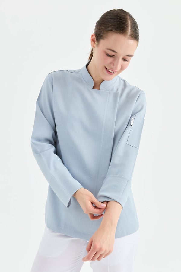 1923 Gizli Pat Kadın Şef Ceketi Mavi - Keten Dokulu Esnek Mutfak Kıyafeti - MyChef Uniforms
