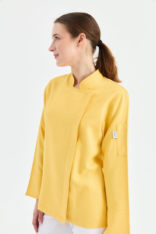 1923 Gizli Pat Kadın Şef Ceketi Sarı - Keten Dokulu Esnek Mutfak Kıyafeti - MyChef Uniforms
