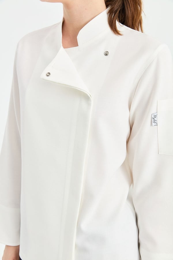 1923 Gizli Pat Kadın Şef Ceketi Beyaz - Keten Dokulu Esnek Mutfak Kıyafeti - MyChef Uniforms