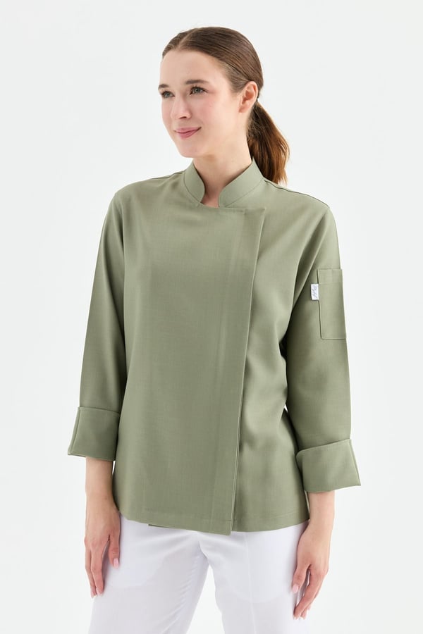 1923 Gizli Pat Kadın Şef Ceketi Haki - Keten Dokulu Esnek Mutfak Kıyafeti - MyChef Uniforms