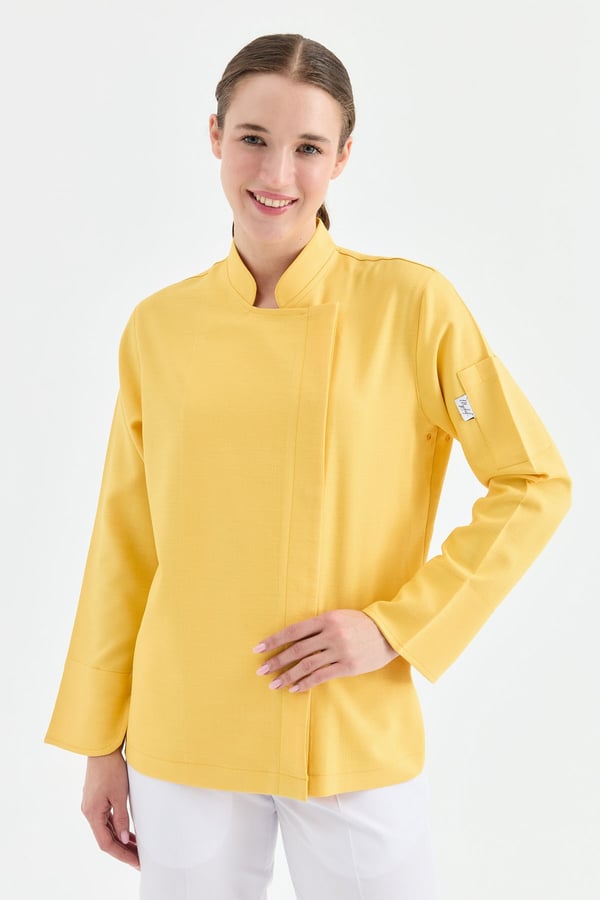 1923 Gizli Pat Kadın Şef Ceketi Sarı - Keten Dokulu Esnek Mutfak Kıyafeti - MyChef Uniforms