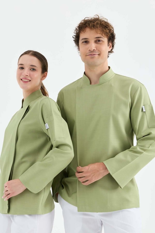 1923 Gizli Pat Kadın Şef Ceketi Yeşil - Keten Dokulu Esnek Mutfak Kıyafeti - MyChef Uniforms