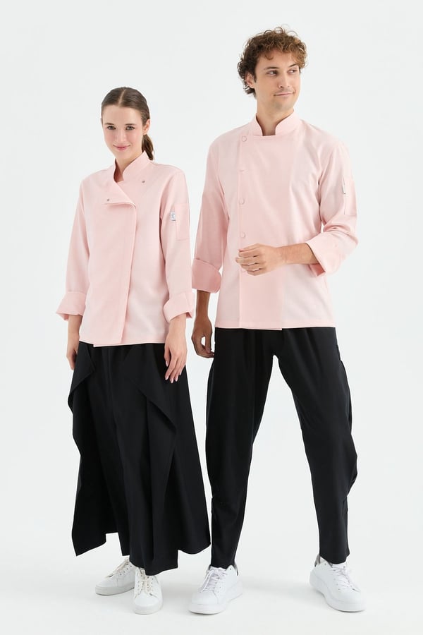 1923 Gizli Pat Şef Ceketi Pembe - Keten Dokulu Esnek Mutfak Kıyafeti - MyChef Uniforms