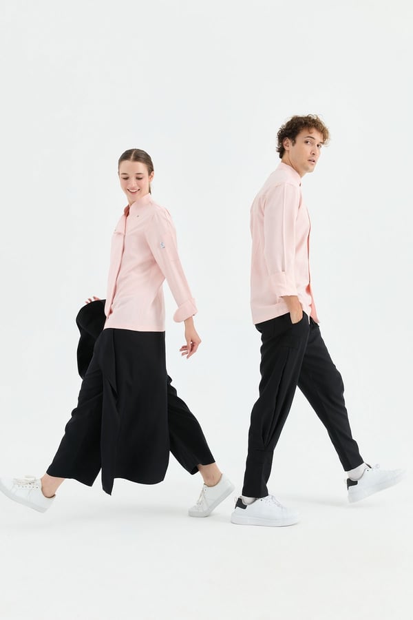 1923 Gizli Pat Şef Ceketi Pembe - Keten Dokulu Esnek Mutfak Kıyafeti - MyChef Uniforms