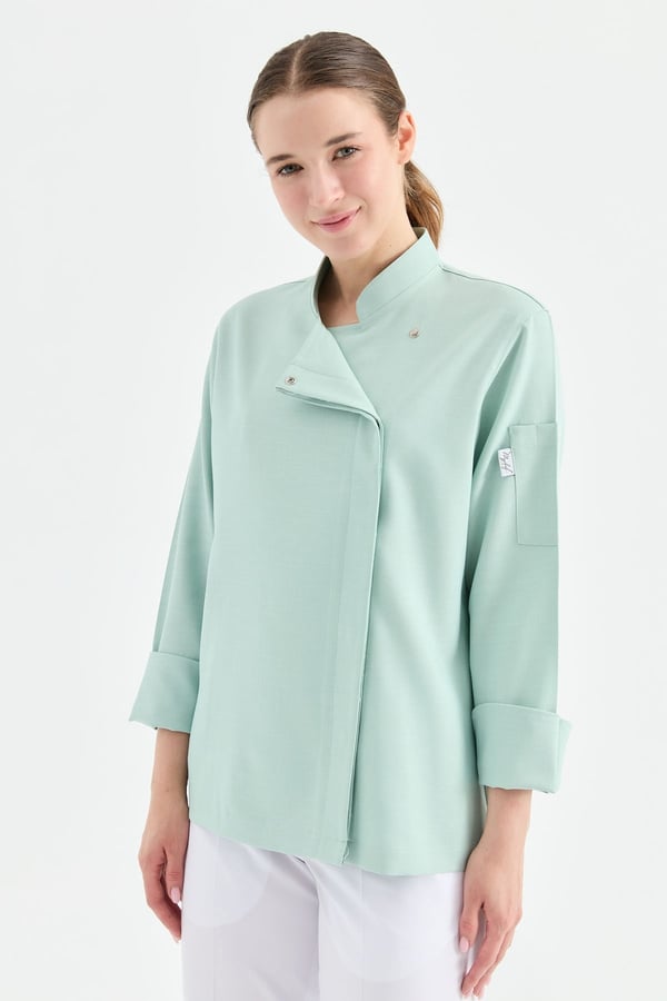 1923 Gizli Pat Kadın Şef Ceketi Turkuaz - Keten Dokulu Esnek Mutfak Kıyafeti - MyChef Uniforms