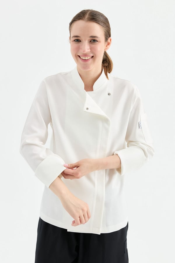 1923 Gizli Pat Kadın Şef Ceketi Beyaz - Keten Dokulu Esnek Mutfak Kıyafeti - MyChef Uniforms