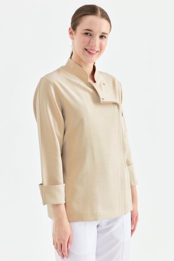 1923 Gizli Pat Şef Ceketi Koyu Bej - Keten Dokulu Esnek Mutfak Kıyafeti - MyChef Uniforms