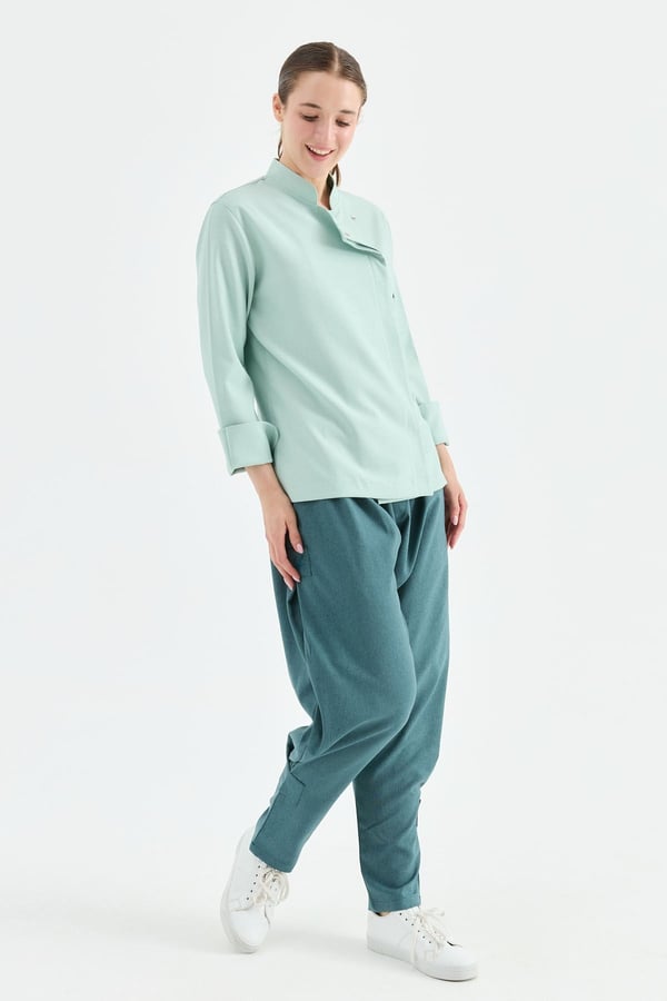 1923 Gizli Pat Kadın Şef Ceketi Turkuaz - Keten Dokulu Esnek Mutfak Kıyafeti - MyChef Uniforms