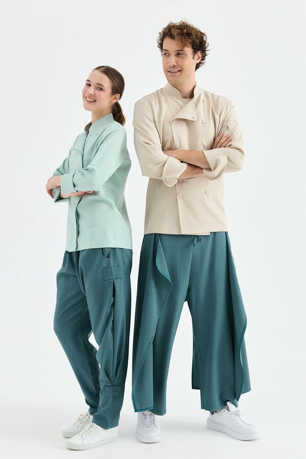 1923 Gizli Pat Kadın Şef Ceketi Turkuaz - Keten Dokulu Esnek Mutfak Kıyafeti - MyChef Uniforms