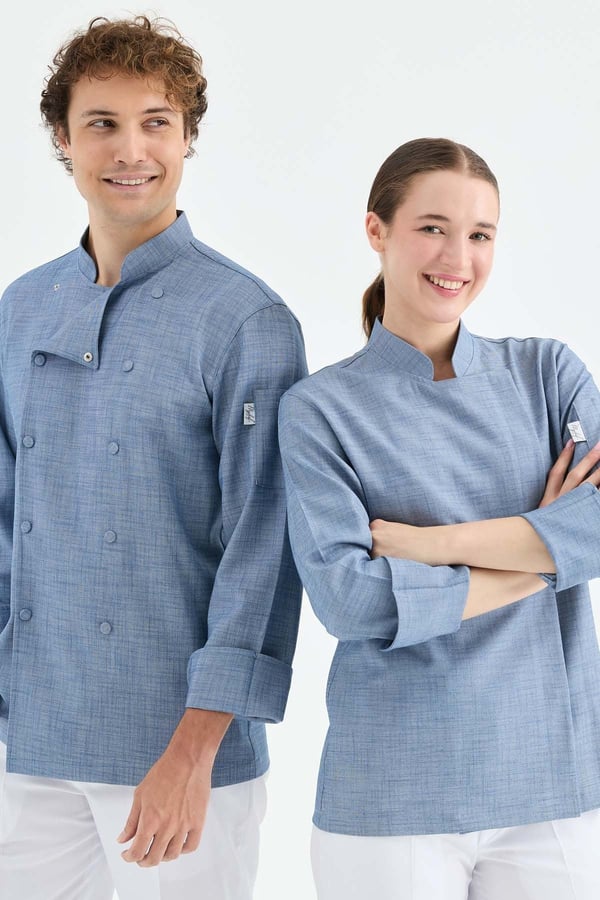 1923 Gizli Pat Şef Ceketi Lacivert - Keten Dokulu Esnek Mutfak Kıyafeti - MyChef Uniforms
