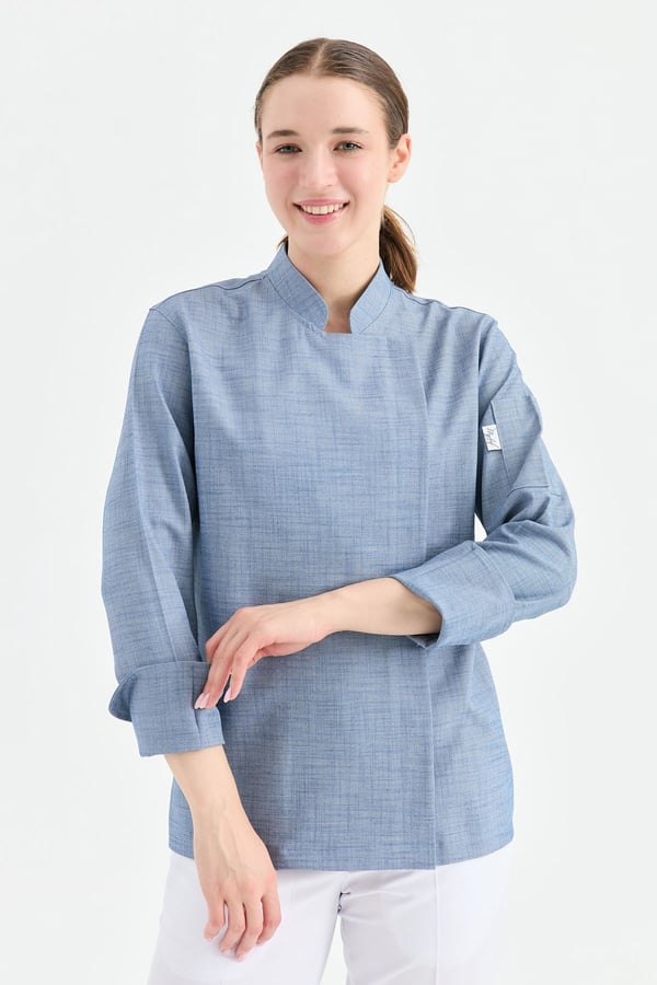 1923 Gizli Pat Şef Ceketi Lacivert - Keten Dokulu Esnek Mutfak Kıyafeti - MyChef Uniforms